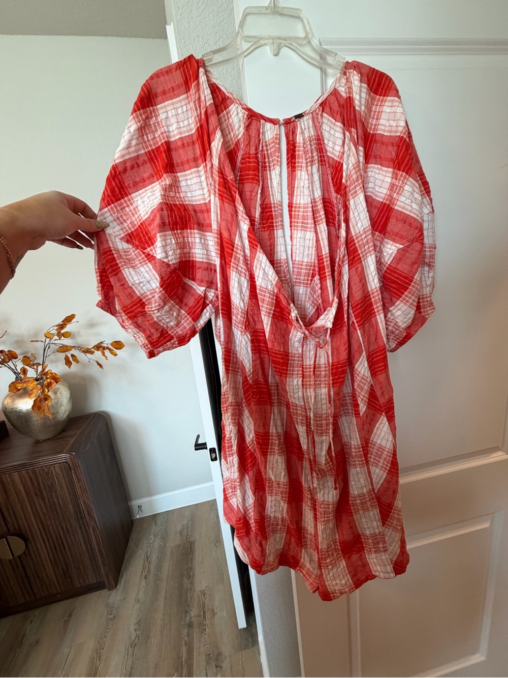 Red and White Plaid Puff-Sleeve romper